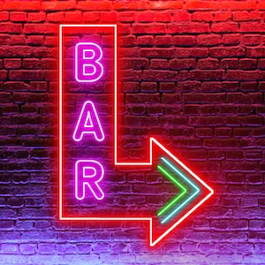 Placa de neon vertical com seta grande para uso externo, neon LED à prova d'água para empresas, luz de pub e restaurante à prova de intempéries para lojas de bebidas