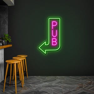 Placa de neon com seta para pub aberto, placa comercial de LED, placa para bar de restaurante, placa neon rosa com controle remoto, placa de seta personalizada, placa aberta para bar e pub