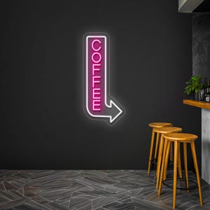 Placa de seta vertical à prova d'água para café, luzes neon para áreas externas, placa neon personalizada para cafeterias, placa de LED neon para anúncios externos para decoração de cafés