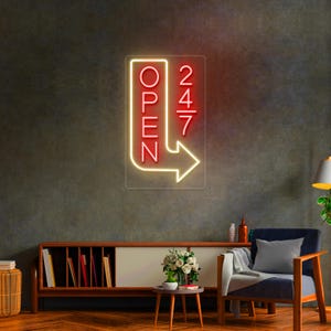Placa de neon aberta à prova d'água, placa de seta vertical para áreas externas 24 horas por dia, 7 dias por semana, placa de neon personalizada para propaganda de cafeteria, placa de neon LED para anúncios externos