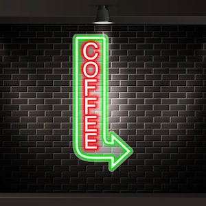 Placa de neon à prova d'água para café, seta vertical para áreas externas, placa de neon personalizada para propaganda em cafeterias, placa de neon LED para anúncios externos para cafés