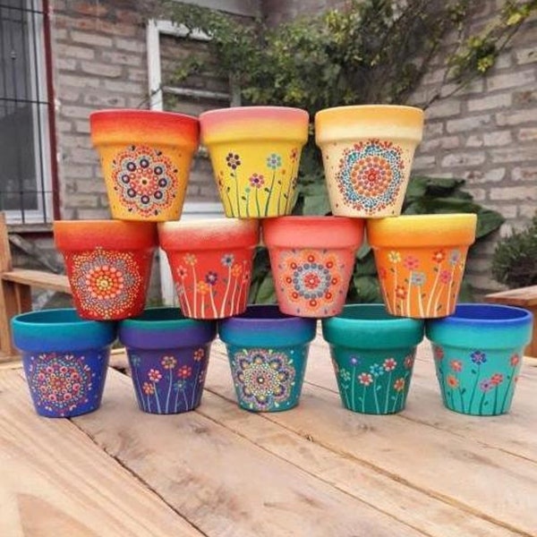Beautiful hand painted colorful Mandala or Flowers designs succulent clay pot planters for indoors and outdoors with drainage hole.