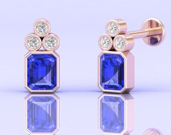 Solid 14k Gold Natural Tanzanite and Bezel Diamond Stud Earrings, December Birthstone Trio Studs For Women, Handmade Jewellery For Her