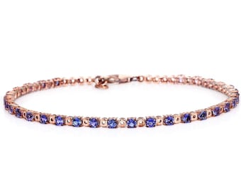 14k Dainty Rose Gold Bracelet Studded With Natural Tanzanites, Handmade And Statement Bracelet Gift For Women, December Birthstone Jewelry
