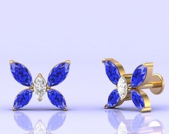14K Dainty Gold Tanzanite & Diamond Stud Earrings, December Birthstone Butterfly Jewelry For Women, Everyday Gemstone Jewellery For Her