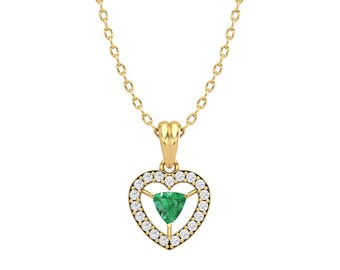 14k Dainty Gold natural Emeralds and Diamonds Vintage Handmade Designer Minimal Necklace for Women, May Birthstone Pendants