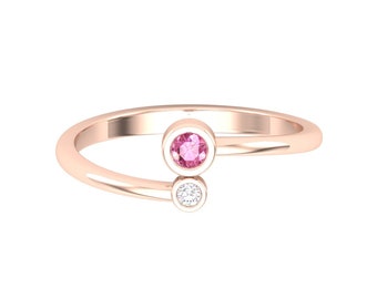 14k Dainty Gold Natural Champagne Pink Spinel and Diamond Handmade Stackable Ring for Women, August Birthstone Promise Ring For Her