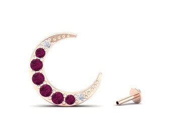 14k Dainty Gold Natural Raspberry Rhodolite Garnet and Diamonds Vintage Half Moon Handmade Statement Earrings for Her, January Birthstone