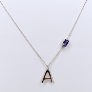 14k Solid Gold Initial Necklace with Natural Tanzanite, Personalized And Handmade Art Deco Statement Necklace, Anniversary Gift For Women image 4