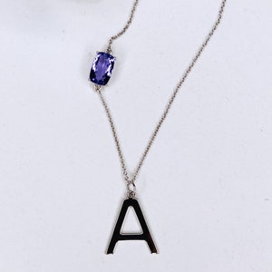 14k Solid Gold Initial Necklace with Natural Tanzanite, Personalized And Handmade Art Deco Statement Necklace, Anniversary Gift For Women image 2