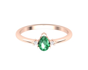 14k Solid Gold Vintage Natural Emeralds and Diamonds Designer Art Deco Handmade Stackable ring for her, may Birthstone jewelry