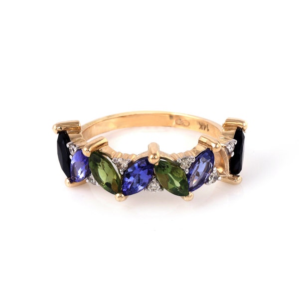 14k dainty yellow gold half eternity band studded with natural marquise tanzanite, black spinel, natural tourmaline and diamonds, birthstone