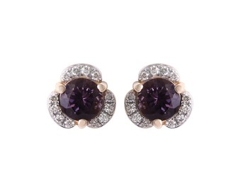 Dainty 14K White gold Lavender Spinel and Diamond studded halo stud earrings, August birthstone solid earrings for women, Handmade jewelry