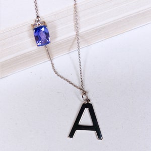 14k Solid Gold Initial Necklace with Natural Tanzanite, Personalized And Handmade Art Deco Statement Necklace, Anniversary Gift For Women image 8