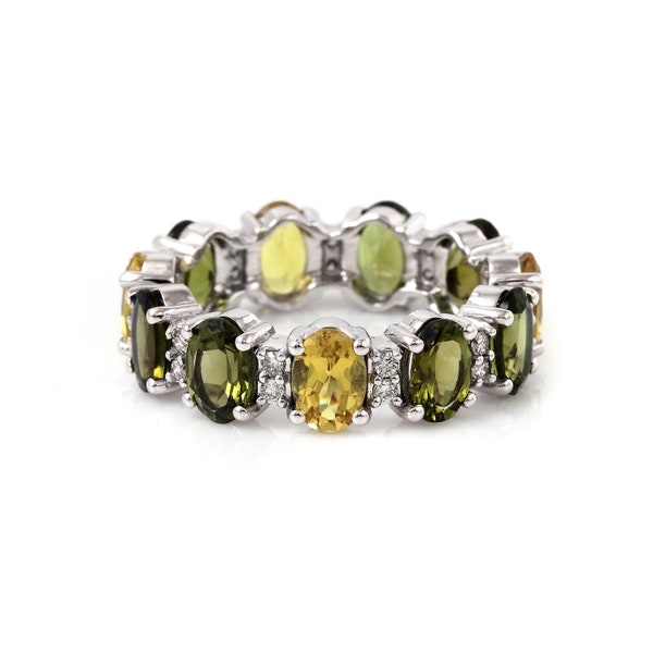 14K dainty white gold oval prong set tourmaline and diamond studded eternity band, canary color gemstone, october birthstone designer ring