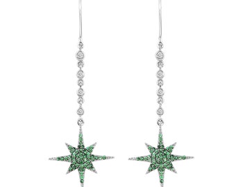Tsavorite with diamond 14k Gold Star earrings, Celestial earrings for bride, bridal earrings, wedding accessories, Unique starburst earrings