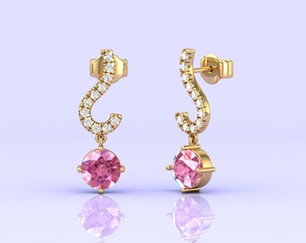 Natural Pink Spinel &Diamond Stud Earrings 14K Solid Gold Earrings, Art Nouveau Style Handmade Drop Earrings For Her, August Birthstone Gift