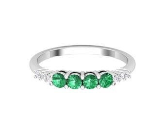 14k Solid Natural Emerald and Diamond Art Deco Minimalist Designer Handmade Ring for Women, May Birthstone Multi-stone Ring