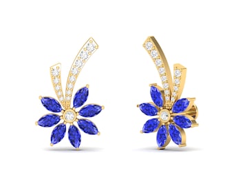 14K Dainty Gold Natural Tanzanite & Pave Diamond Stud Earrings, December Birthstone Floral Jewellery For Women, Handmade Gemstone Jewelry