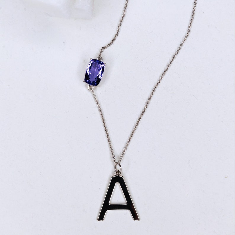 14k Solid Gold Initial Necklace with Natural Tanzanite, Personalized And Handmade Art Deco Statement Necklace, Anniversary Gift For Women image 2