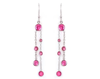 Natural Pink Spinel Long Chain Earrings, Pink Color Spinel Dainty Earrings, 925 Sterling Silver Earrings, Gift For Her, Handmade Earrings