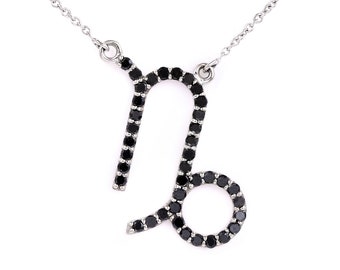 14k Solid Gold Diamond Necklace with Genuine Black Diamonds, Handmade Personalized Art Nouveau Capricorn Zodiac Necklace Gift For Women