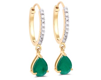 Dangle Emerald Earrings, 14K Gold Hoop Earrings, Natural Pear Emerald and Diamond Huggie Earrings, Fine Jewelry By Karana jewels, gold hoop