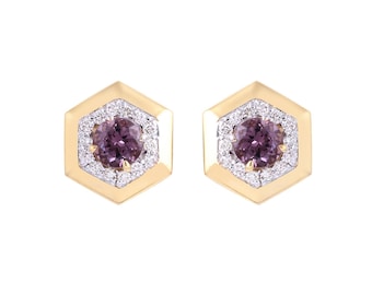 Natural Lavender Spinel Hexagon Shape Dainty Stud Earring in 14K Yellow Gold with Round Diamonds, Trending Color Jewelry Gift for Her
