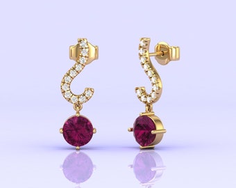14k Dainty Gold Natural Rhodolite Garnet And Diamond Art Deco Minimal Handmade Dangle Earrings, January Birthstone Anniversary Gift