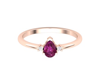 14k Solid Gold Natural Rhodolite Garnet And Diamond Art Deco Handmade Statement Stackable Ring for Women, January Birthstone Jewelry For Her
