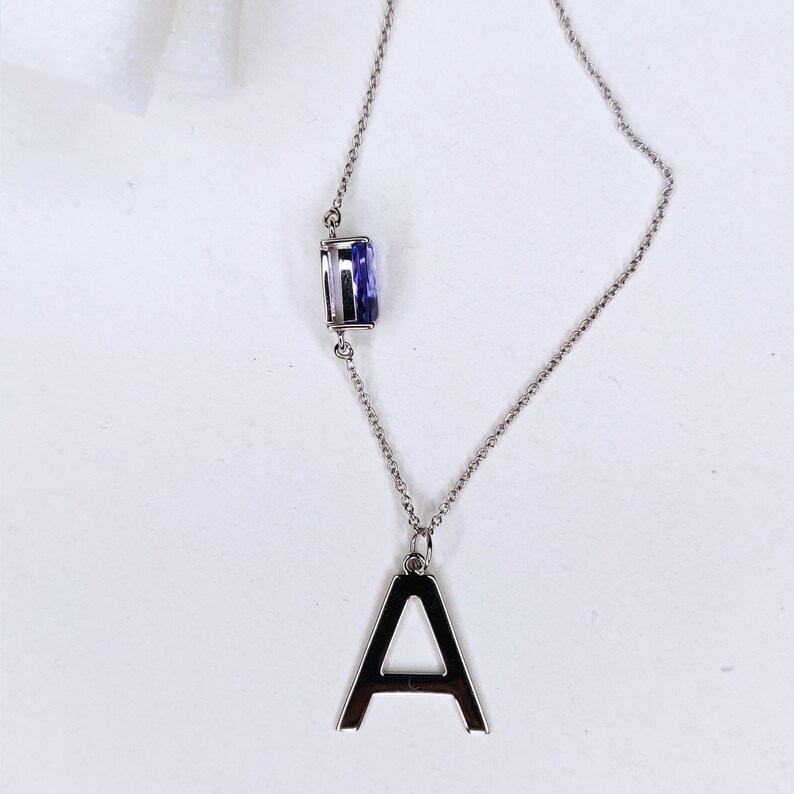 14k Solid Gold Initial Necklace with Natural Tanzanite, Personalized And Handmade Art Deco Statement Necklace, Anniversary Gift For Women image 5