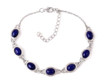 Lapis Lazuli Bracelet, 925 Sterling Silver Bracelet, Lapis Lazuli Oval Cabochon Gemstone Bracelet, Lapis Bracelet, Silver Bracelets,