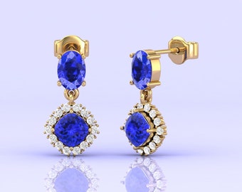 Dainty 14k Gold Natural Tanzanite & Micro Pave Diamond Dangle Stud Earrings, December Birthstone Jewelry For Women, Genuine Tanzanite Gem