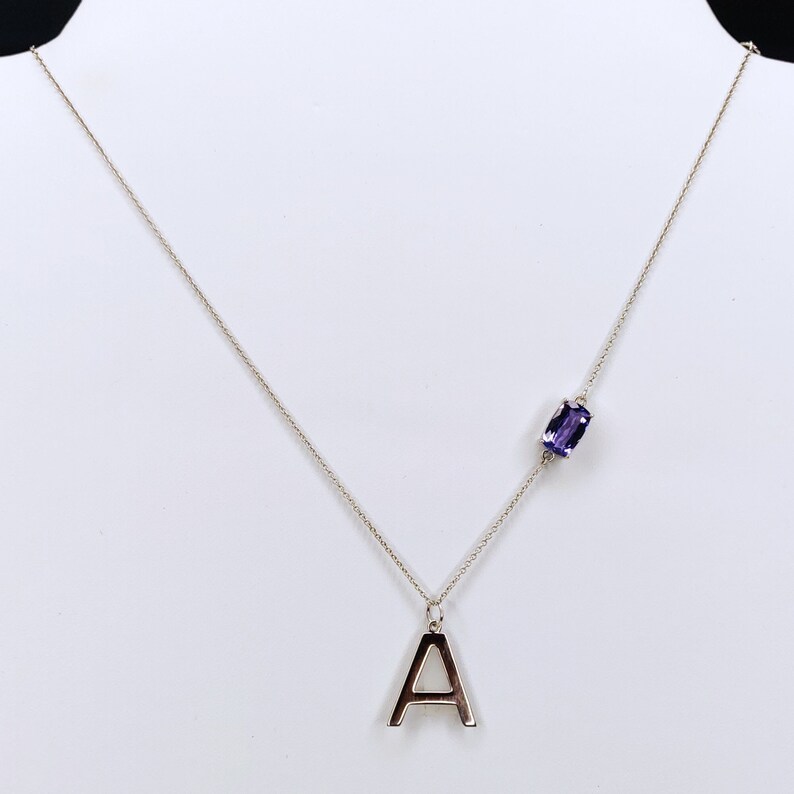 14k Solid Gold Initial Necklace with Natural Tanzanite, Personalized And Handmade Art Deco Statement Necklace, Anniversary Gift For Women image 4