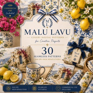 Könnte beinhalten: Eine digitale Produktpräsentation mit dem Text MALU LAVU LUXURY DIGITAL PATTERNS for Creative Projects 30 SEAMLESS PATTERNS 300 DPI HIGH RESOLUTION. Die Darstellung umfasst eine Tasse, ein Spiralnotizbuch und eine Geschenkbox mit blauen Schleifen.