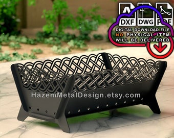 May include: Black metal fire pit with a woven design. The fire pit has a rectangular base and four legs. The text "HazemMetalDesign.etsy.com" is visible on the front of the fire pit.