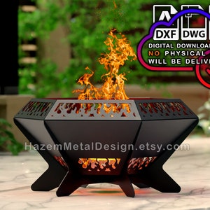 May include: A black metal fire pit with a geometric design and a decorative cutout pattern. The fire pit is sitting on a patio with a fire burning inside.