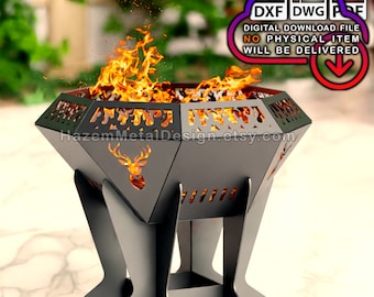 May include: A black metal fire pit with a geometric design and a deer head cutout. The fire pit is on a stand with three legs. The fire pit is burning with flames.