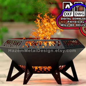 Puede incluir: Un brasero de metal negro con un diseño geométrico y tres patas. El brasero está ardiendo con llamas naranjas. El texto "HazemMetalDesign.etsy.com" es visible en el brasero.