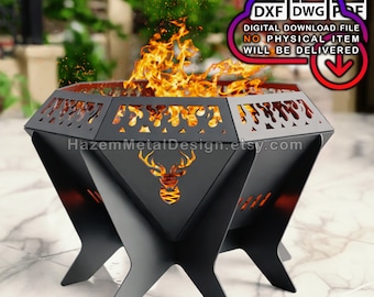 May include: Black metal fire pit with a deer design cut out. The fire pit has a hexagonal shape and sits on three legs. Flames are visible inside the pit.