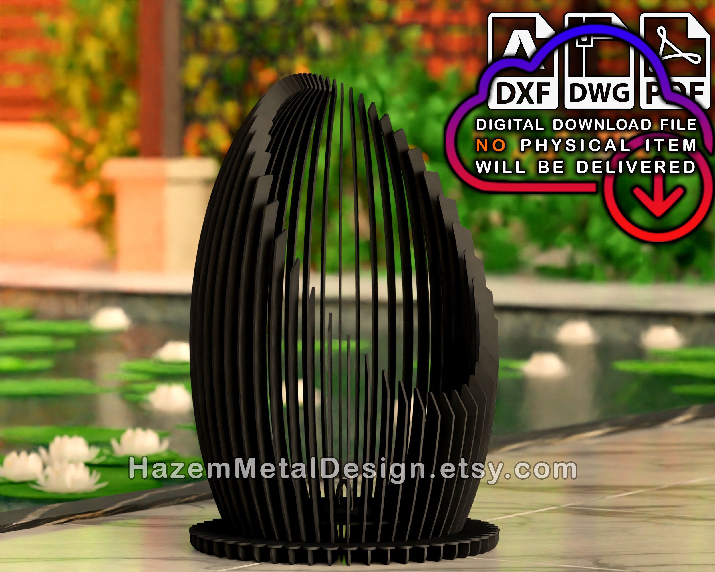 Fire pit DXF plan, oval fire bowl, 50 ribs, 5mm 0.2" thickness.  Digital product Files dxf dwg pdf, Ready to Cut on Plasma Laser Waterjet,