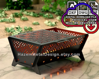 May include: Black metal fire pit with a geometric design. The fire pit has a removable grate and a handle. The fire pit is sitting on a tiled surface.  Digital download file. No physical item will be delivered. HazemMetalDesign.etsy.com