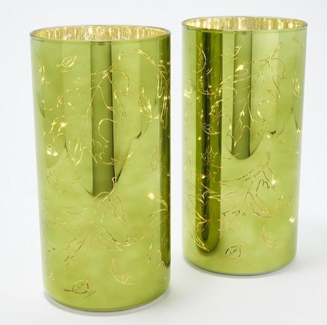 Valerie Parr Hill Set of 2 8 Illuminated Etched Mercury Glass Pillars