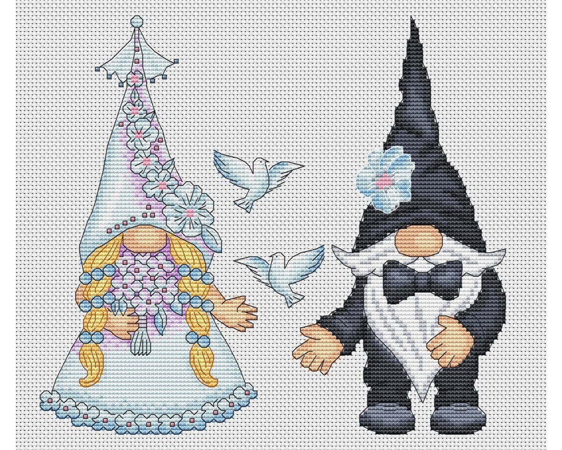Bride and groom gnomes cross stitch pattern gnome cross | Etsy