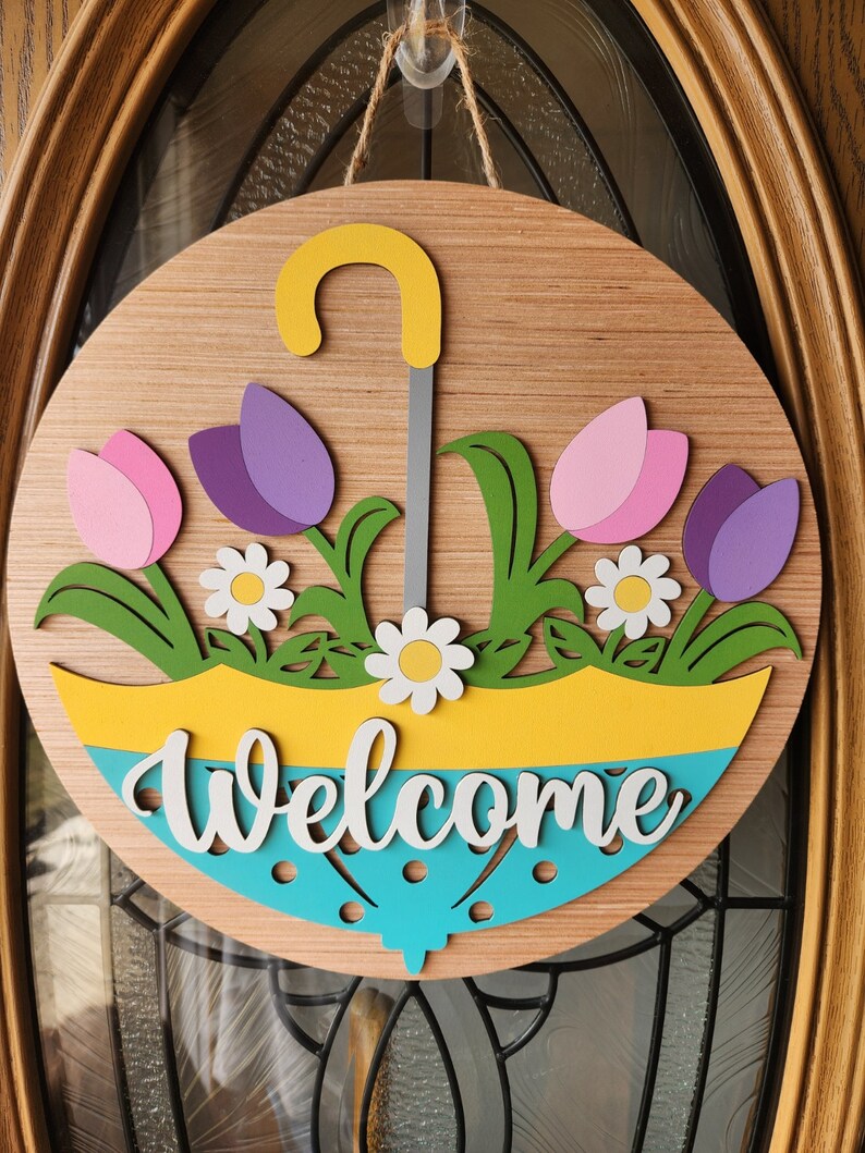 Spring Welcome Sign | Door Hanger | Laser Cut Sign | Round Door Hanger ...