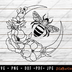 Floral and Bee Moon SVG, Flowers, Floral decoration, Half moon, Night Moon png, Bee svg, Flower svg, Svg files for cricut and silhouette