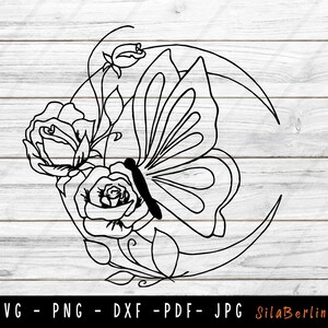 Moon Wildflowers & Butterfly SVG, Butterfly Svg, Moon Svg, Butterfly Mandala Svg, Cricut Cut Files, Floral Crescent Moon svg