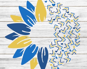 Pode incluir: Um girassol azul e amarelo com um padrão de coração no centro. O girassol é composto por pequenas pétalas estilizadas.
