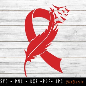 フェザー レッド リボン SVG、HIV SVG、HIV 啓発リボン SVG、HIV png、Cricut シルエットに使用する SVG カット ファイル