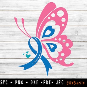 May include: A pink butterfly with blue hearts and white dots on its wings. A blue ribbon is tied around the butterfly's body. The image is on a white wood background.